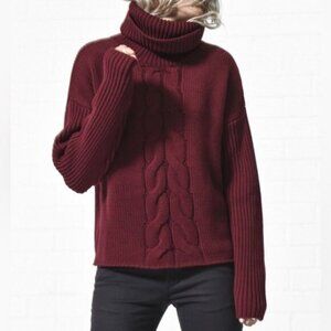 One Teaspoon Women's Turtleneck Sweater Cable Knit Long sleeve Burgundy Size XXS